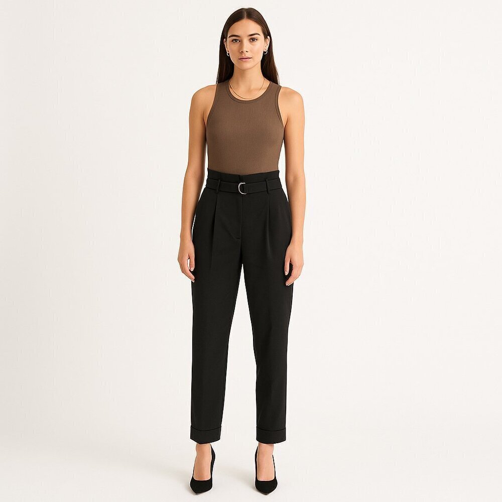 Elizabeth and James Black Rayon Pleated Belted Cuffed Pants Minimalist Chic 8